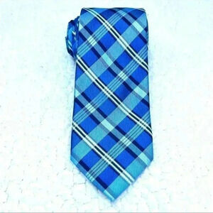Nautica Blue‎ & White Checkered Plaid Mens 100% Silk Necktie